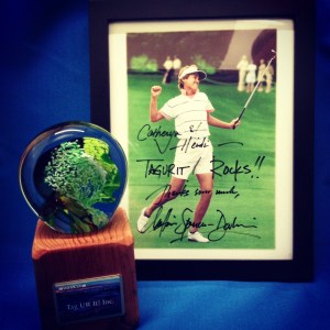 One of Muffin's blown glass trophies and wonderful signed photo given to Catheryn and Heidi of the Tag Team!